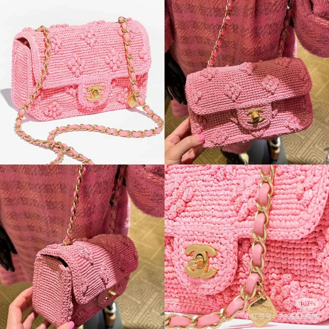 Chanel 高仿粉色針織鏈條包 氣質百搭新款 夏日柔美精品女包
