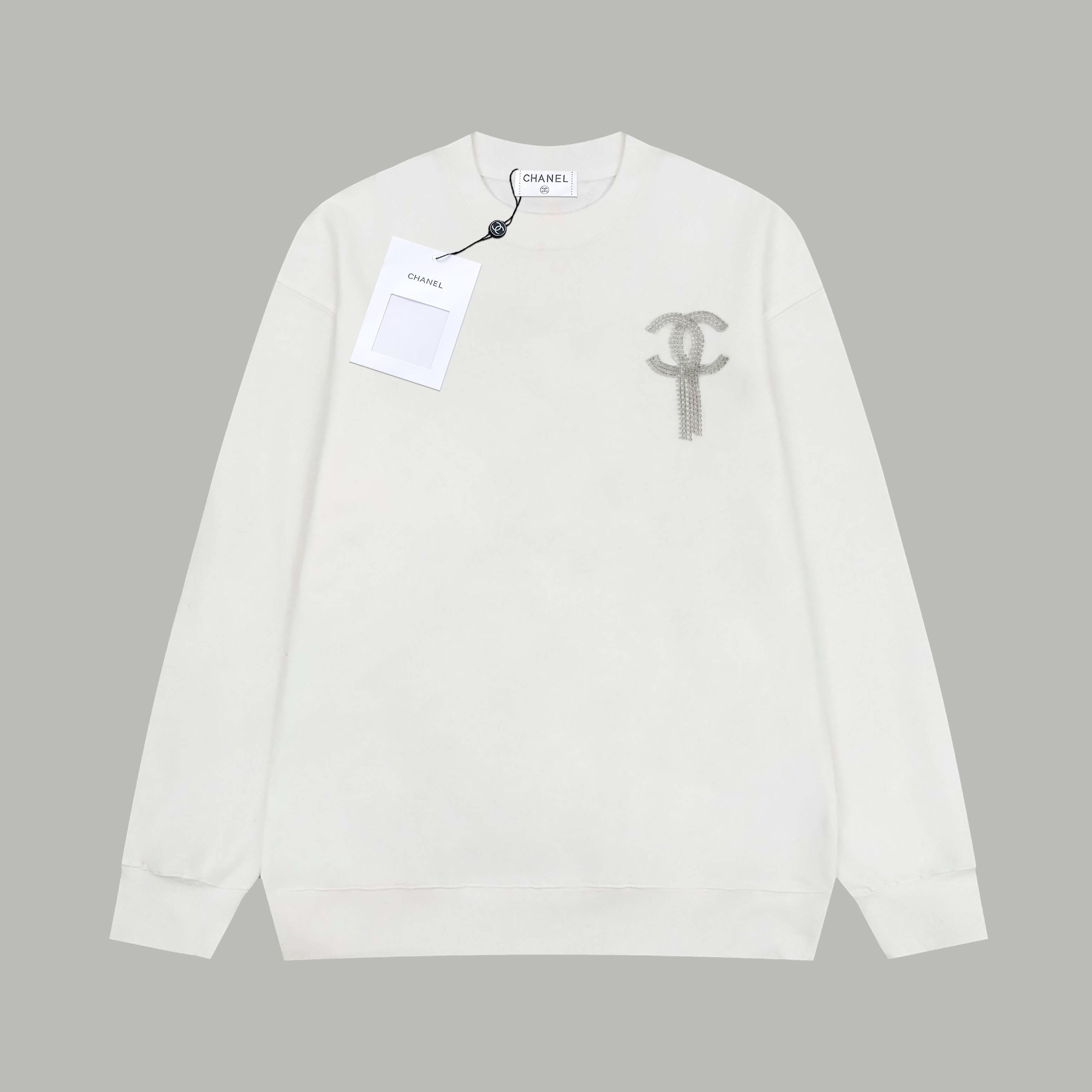 CHANEL高仿長袖衛衣 女士白色水鑽LOGO圓領上衣2025早春新款