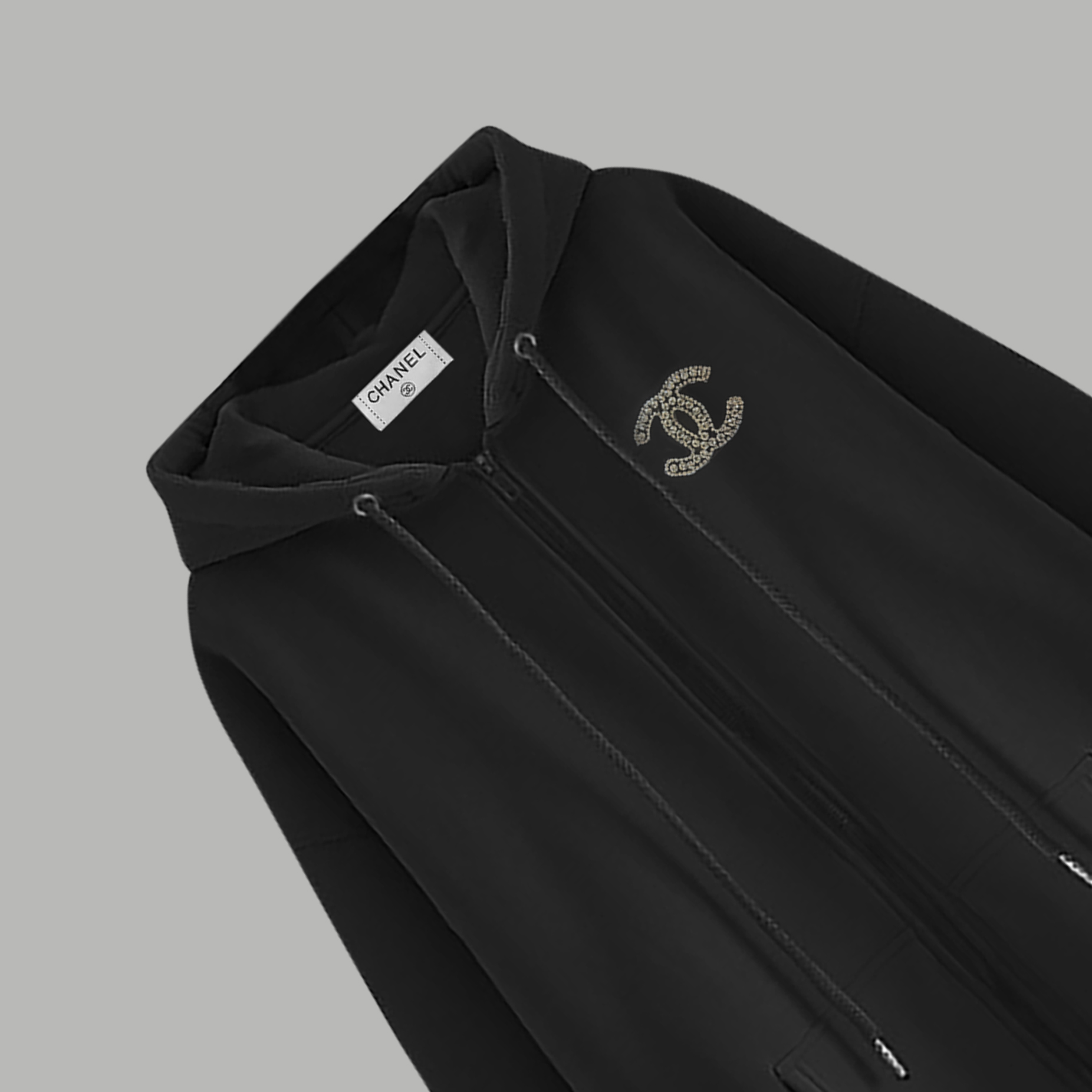 CHANEL高仿連帽外套 女士黑色水鑽LOGO拉鍊衛衣2025秋冬新款|超A仿原單精品圖片 11 CHANEL高仿連帽外套 女士黑色水鑽LOGO拉鍊衛衣2025秋冬新款|歐美奢侈品精品推薦