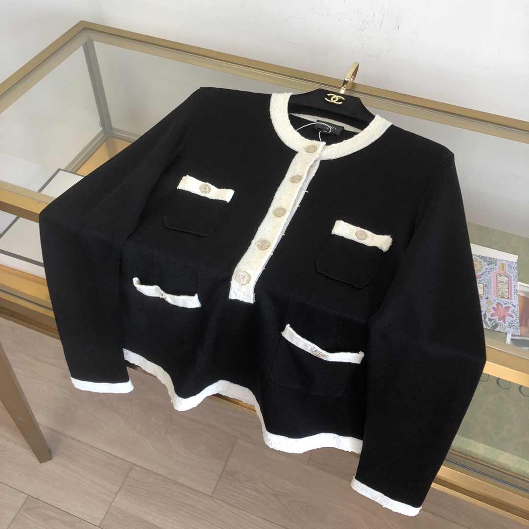 CHANEL高仿針織外套 經典黑白撞色雙口袋設計