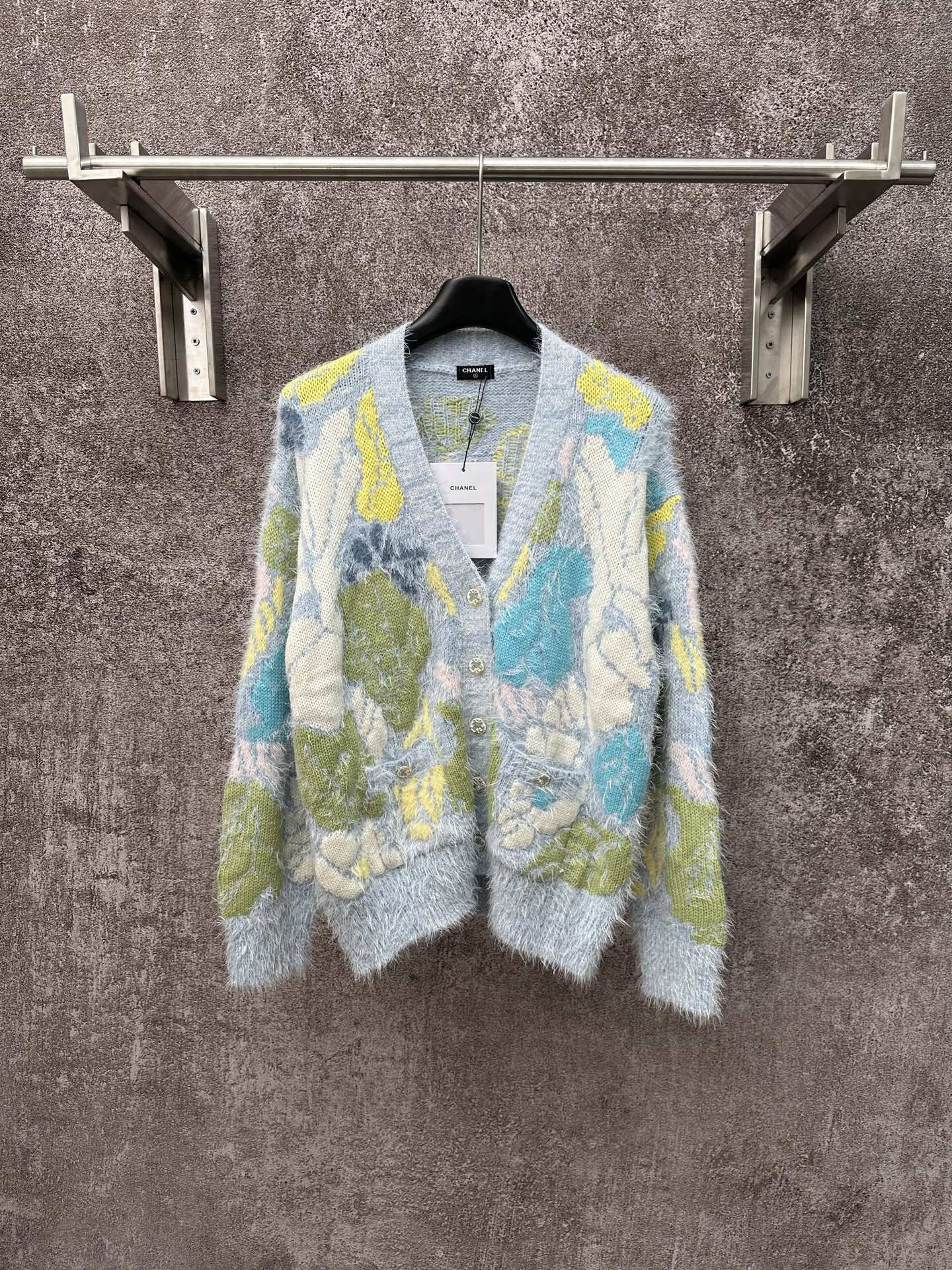 CHANEL高仿毛茸針織開襟外套 女士彩色花紋V領長袖2025早春新款