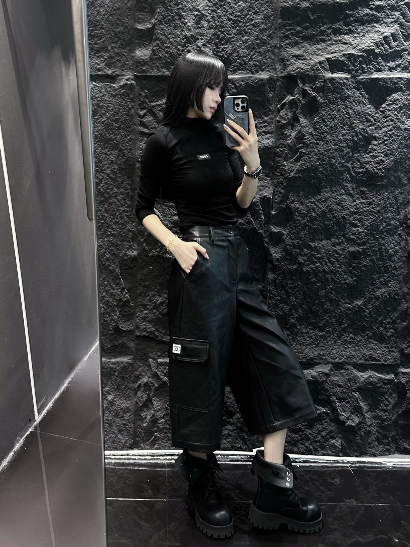 CHANEL高仿皮革工裝寬褲 女士街頭時尚百搭休閒褲