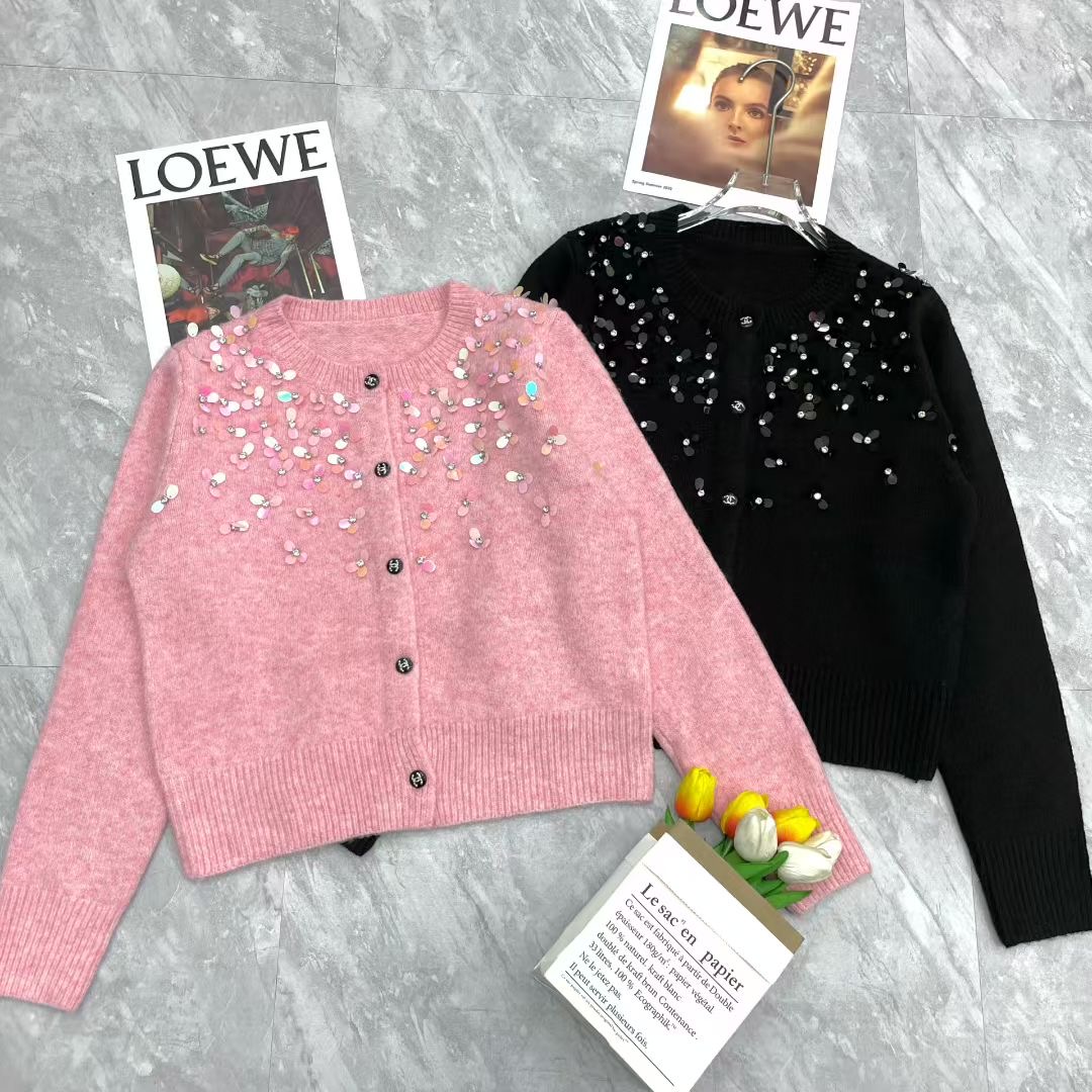 CHANEL原單仿製粉色亮片針織開襟衫 女士氣質羊毛毛衣