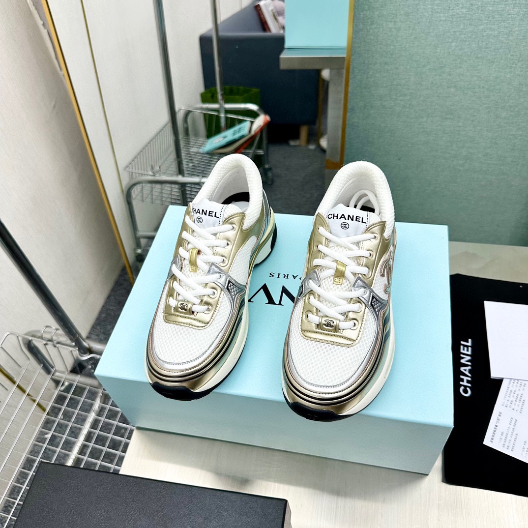 Chanel 原單香檳金拼白厚底運動鞋 女士網面老爹鞋｜歐美奢侈品精品推薦