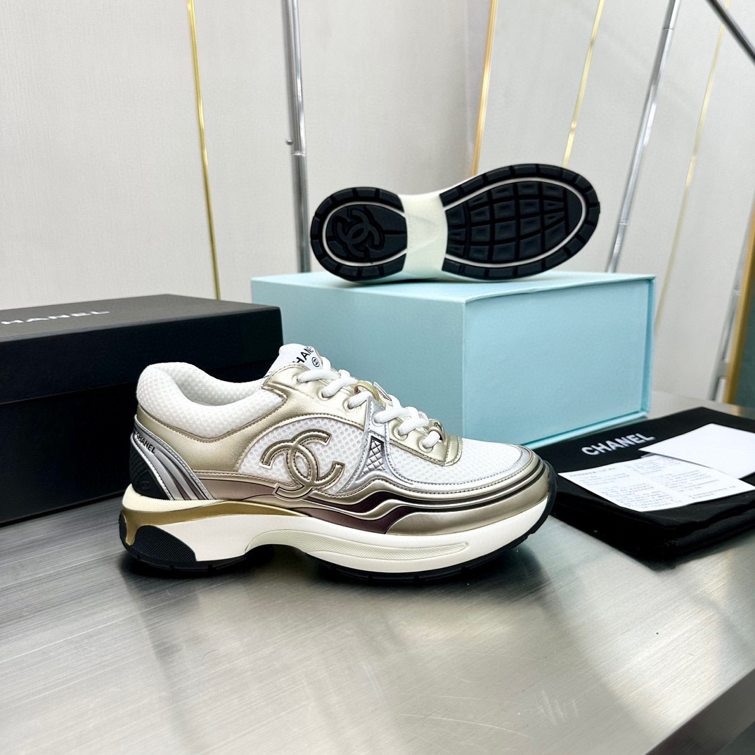 Chanel 原單香檳金拼白厚底運動鞋 女士網面老爹鞋｜歐美奢侈品精品推薦