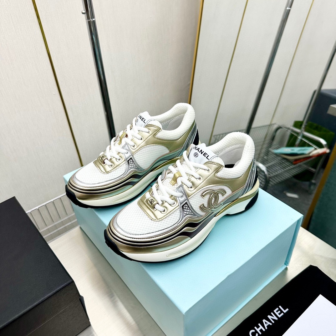 Chanel A貨金屬香檳白運動鞋 女士厚底時尚老爹鞋