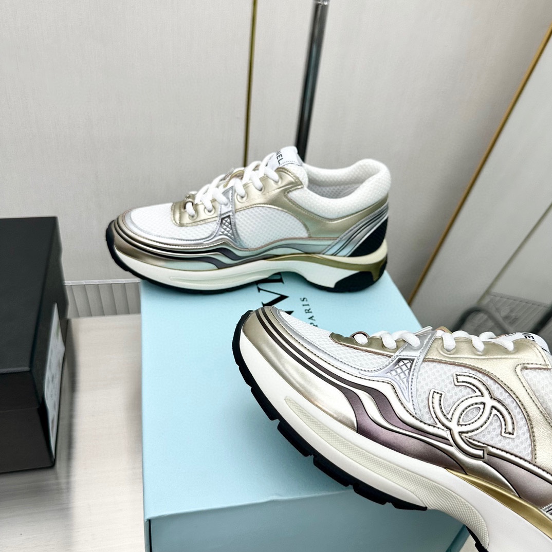 Chanel A貨金屬香檳白運動鞋 女士厚底時尚老爹鞋