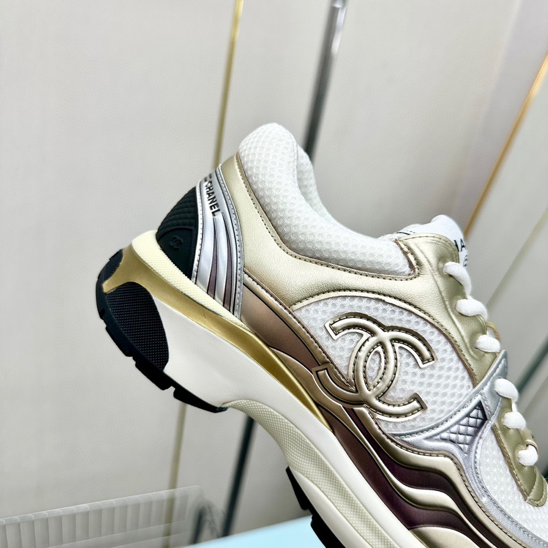 Chanel A貨金屬香檳白運動鞋 女士厚底時尚老爹鞋