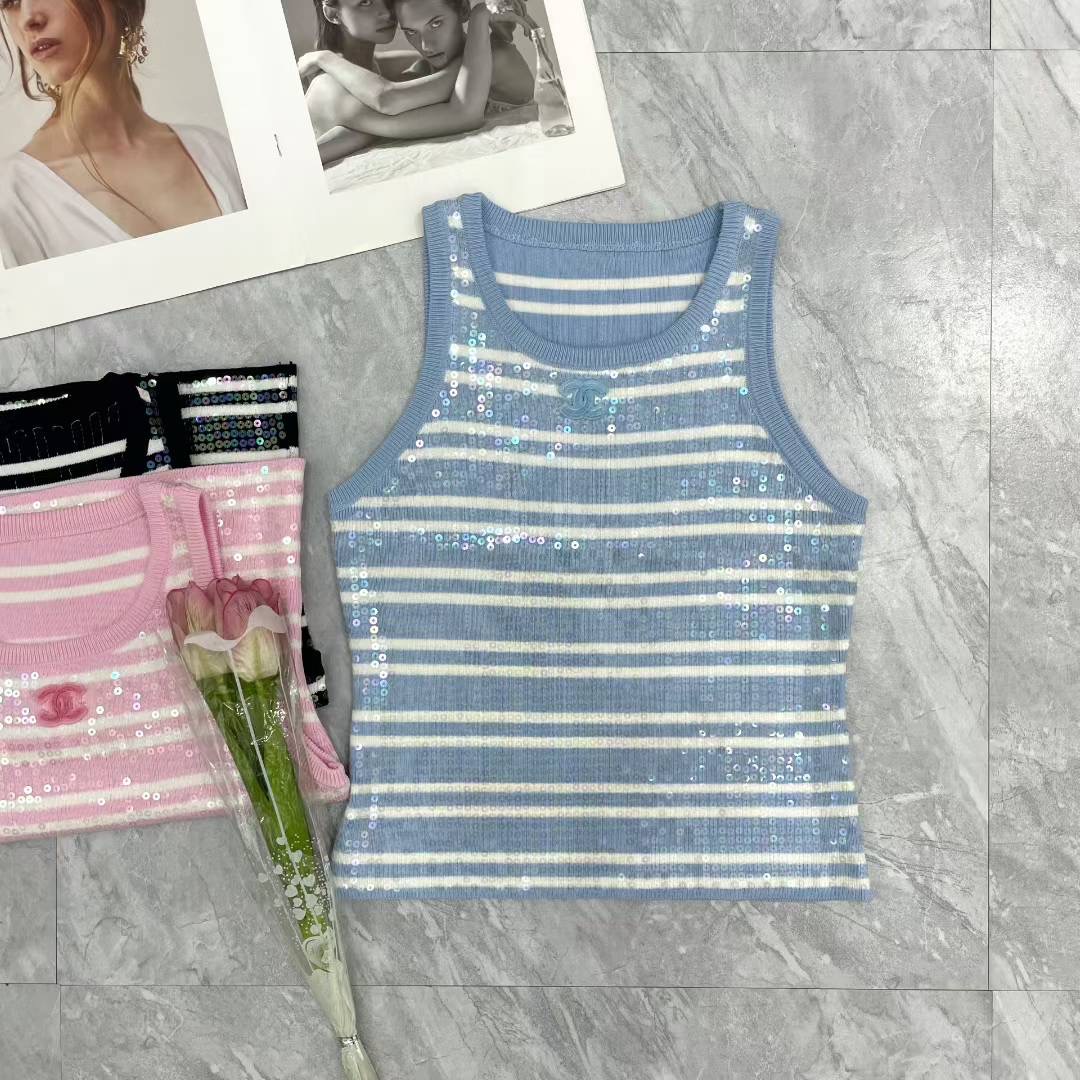 CHANEL亮片條紋無袖上衣 精品仿製針織背心 夏季閃耀款|超A仿原單精品圖片 6 CHANEL亮片條紋無袖上衣 精品仿製針織背心 夏季閃耀款|歐美奢侈品精品推薦
