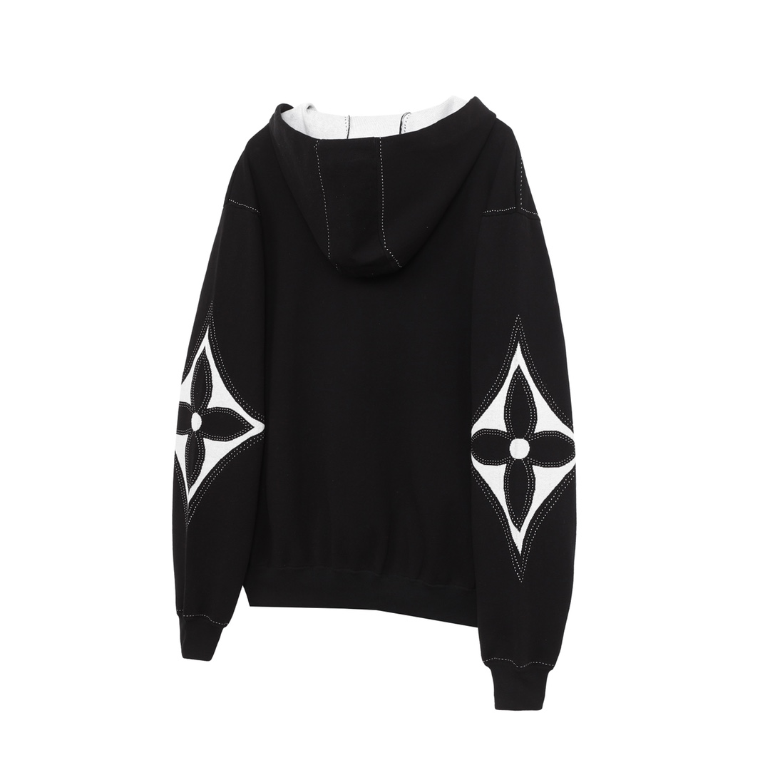 LV 精品仿製黑色花卉圖騰連帽外套 立體刺繡拉鍊設計｜歐美奢侈品精品推薦