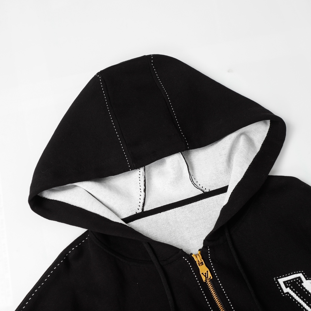 LV 精品仿製黑色花卉圖騰連帽外套 立體刺繡拉鍊設計｜歐美奢侈品精品推薦