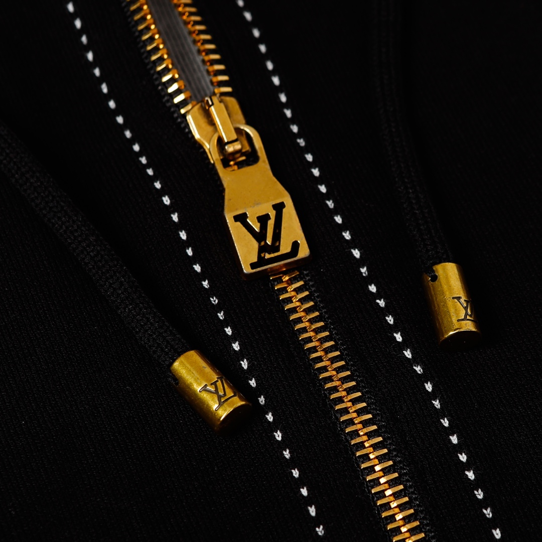 LV 精品仿製黑色花卉圖騰連帽外套 立體刺繡拉鍊設計｜歐美奢侈品精品推薦