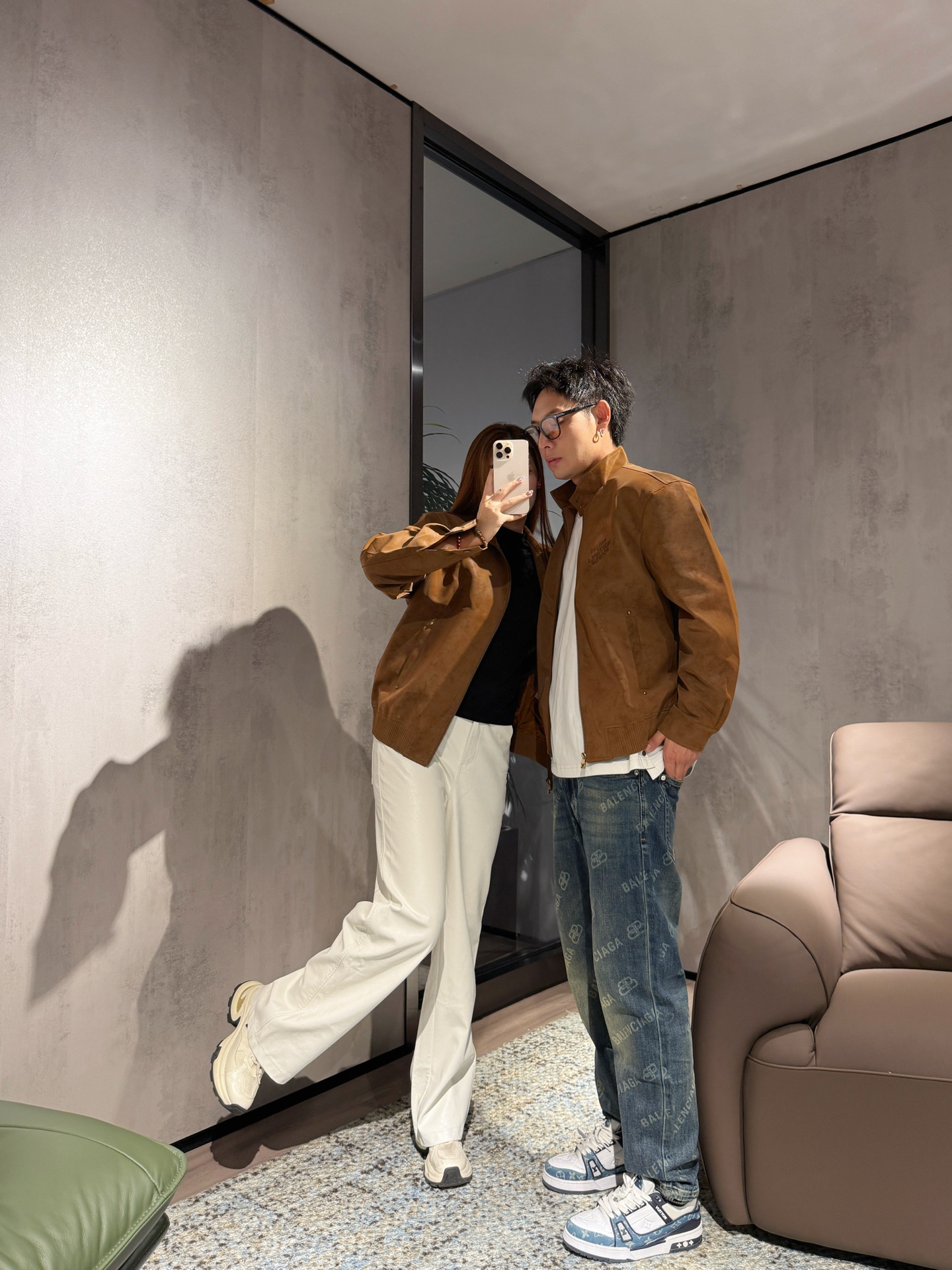 LV A貨麂皮情侶外套 咖啡色情侶款立領夾克