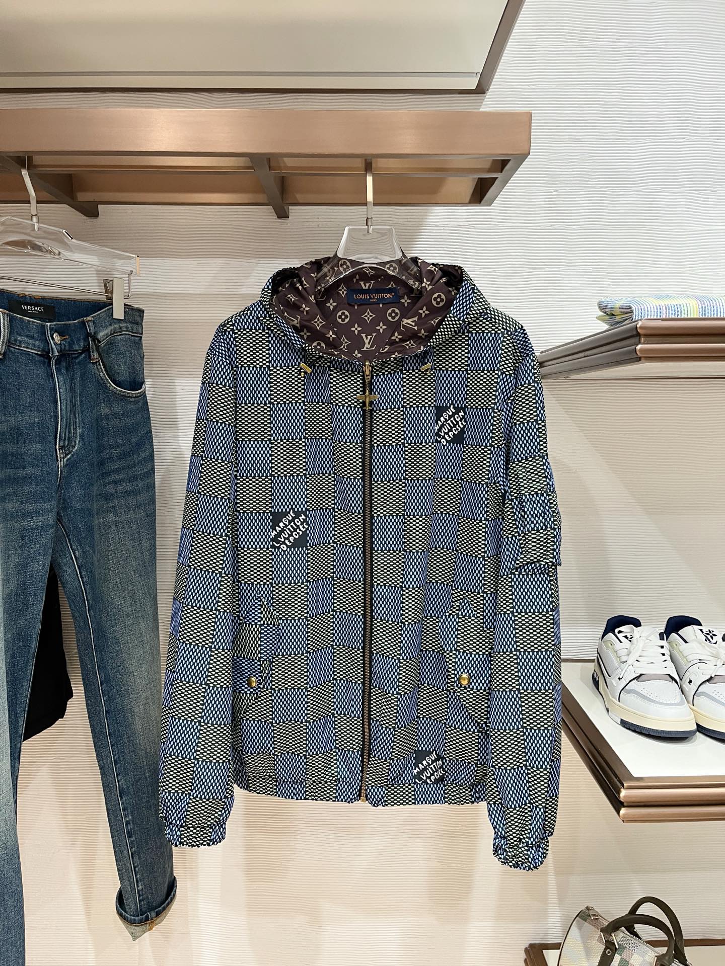 LV A貨藍白棋盤格連帽外套 Monogram內裡設計時尚夾克