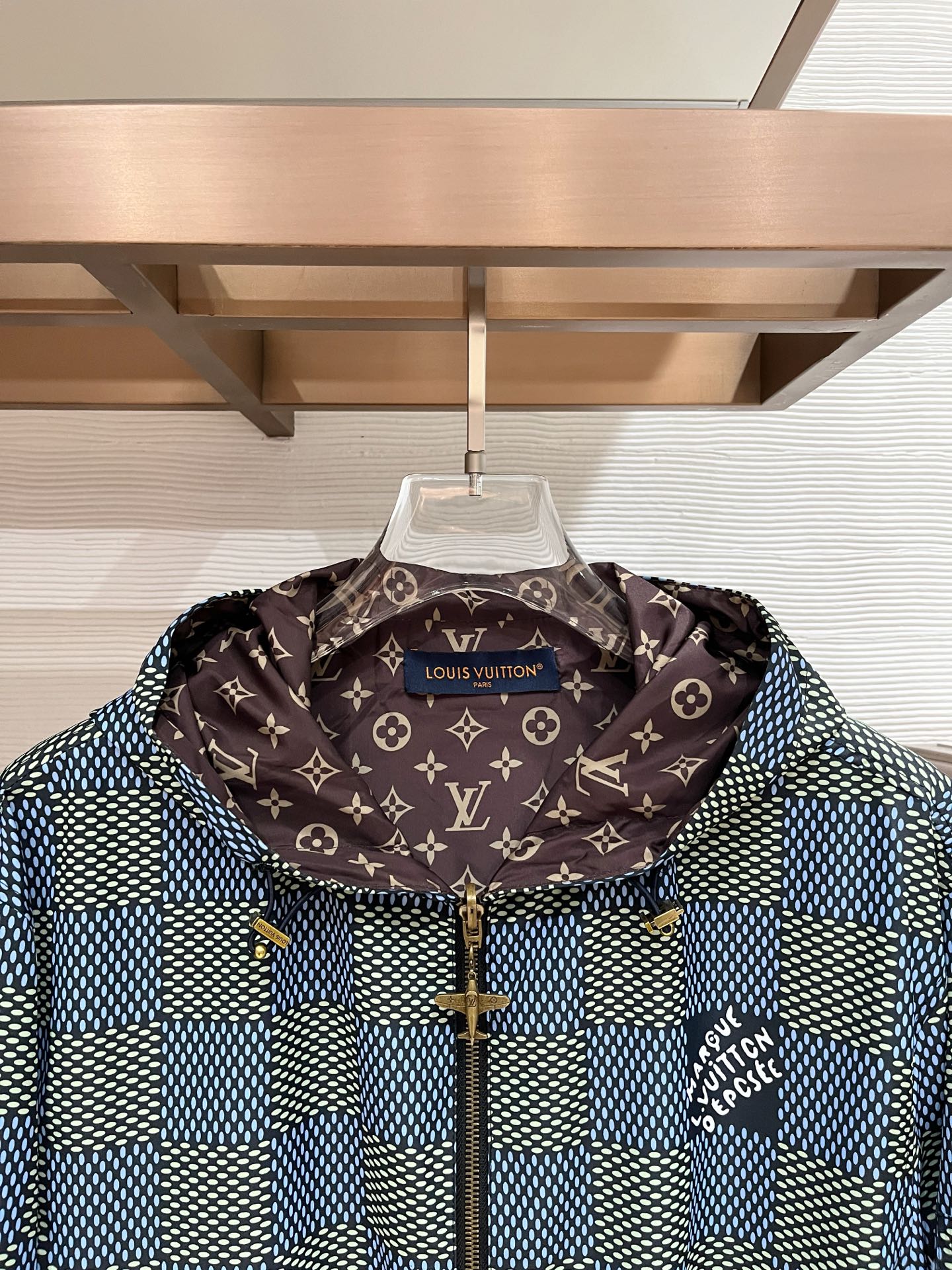 LV A貨藍白棋盤格連帽外套 Monogram內裡設計時尚夾克