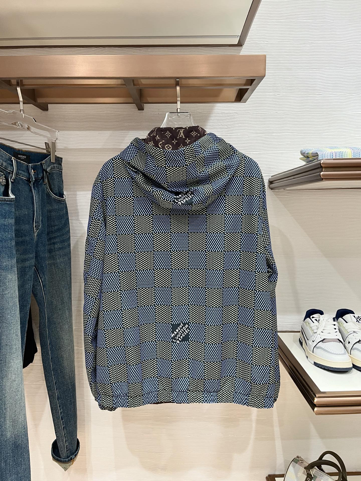 LV A貨藍白棋盤格連帽外套 Monogram內裡設計時尚夾克