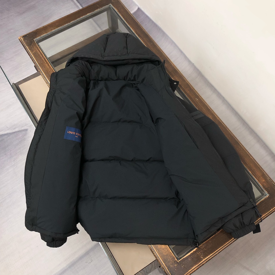 LV頂級原單羽絨外套 黑色立體織紋防風連帽款｜歐美奢侈品精品推薦