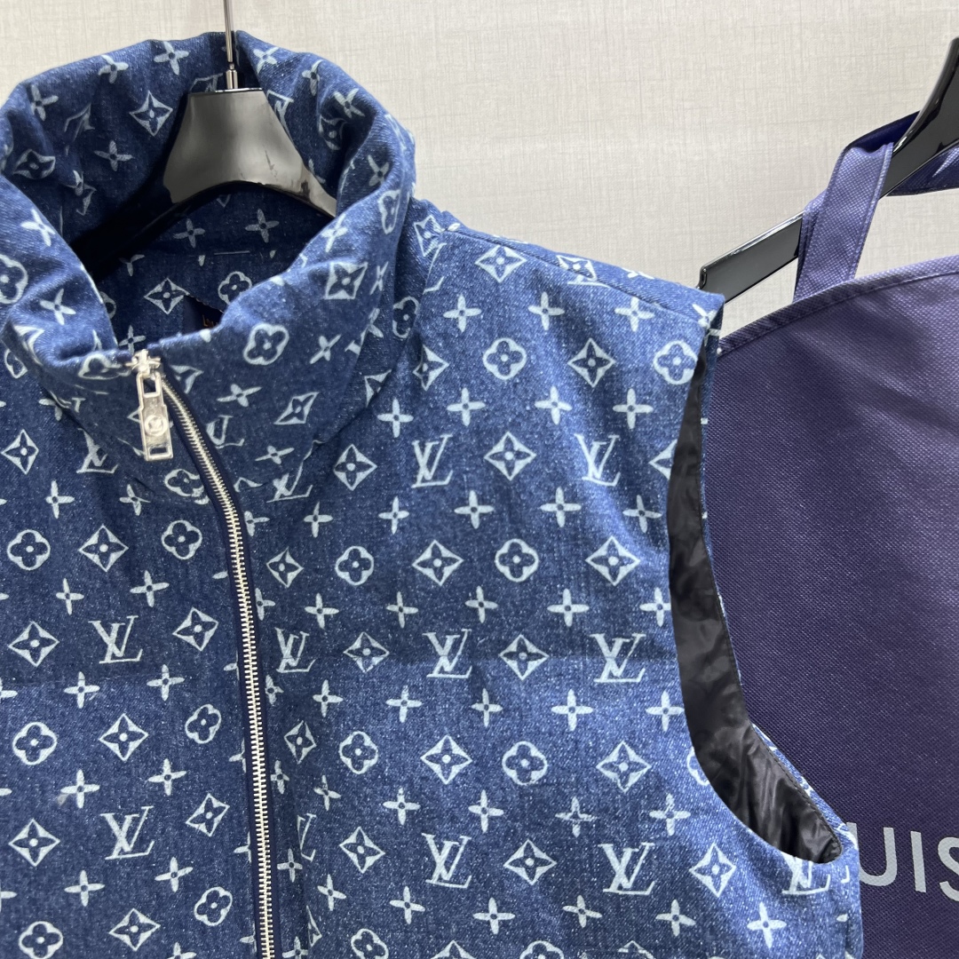 LV 一比一藍色Monogram羽絨背心 經典提花無袖保暖外搭