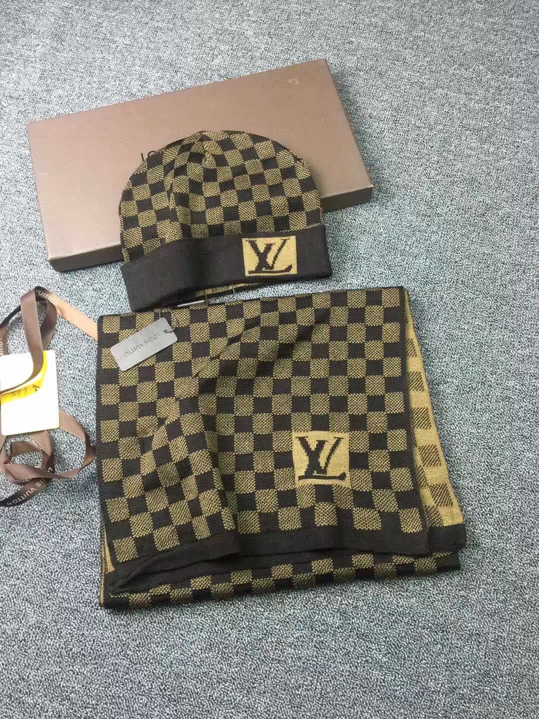 LV原單棕色棋盤格針織帽圍巾組合|超A仿原單精品圖片 6 LV原單棕色棋盤格針織帽圍巾組合|歐美奢侈品精品推薦