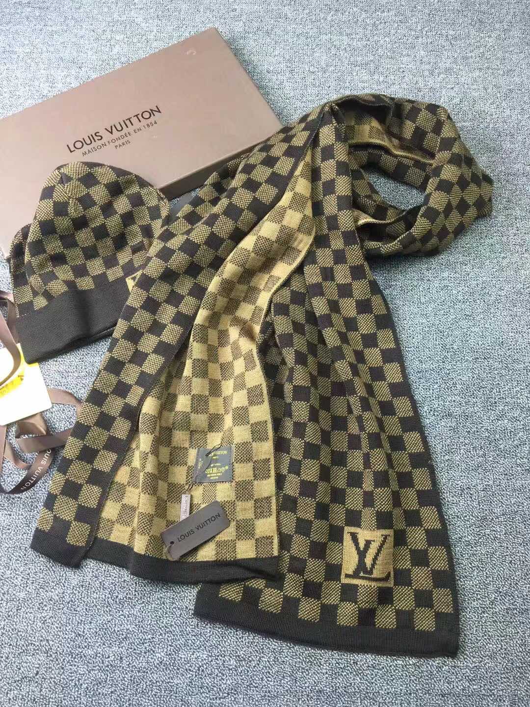 LV原單棕色棋盤格針織帽圍巾組合|超A仿原單精品圖片 11 LV原單棕色棋盤格針織帽圍巾組合|歐美奢侈品精品推薦