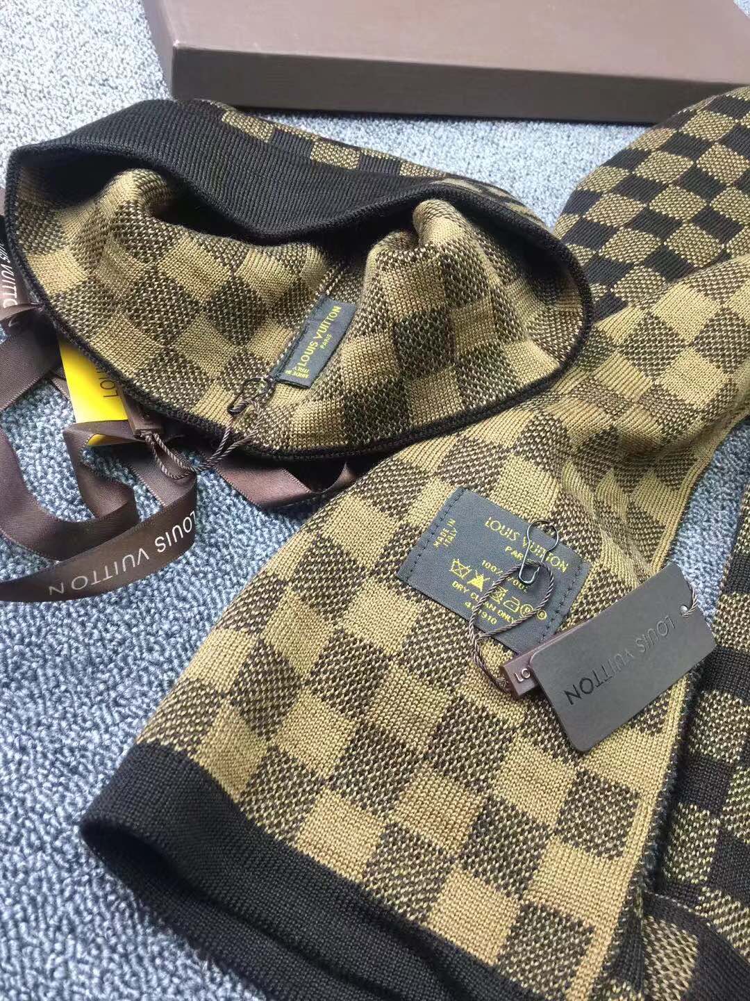 LV原單棕色棋盤格針織帽圍巾組合|超A仿原單精品圖片 10 LV原單棕色棋盤格針織帽圍巾組合|歐美奢侈品精品推薦