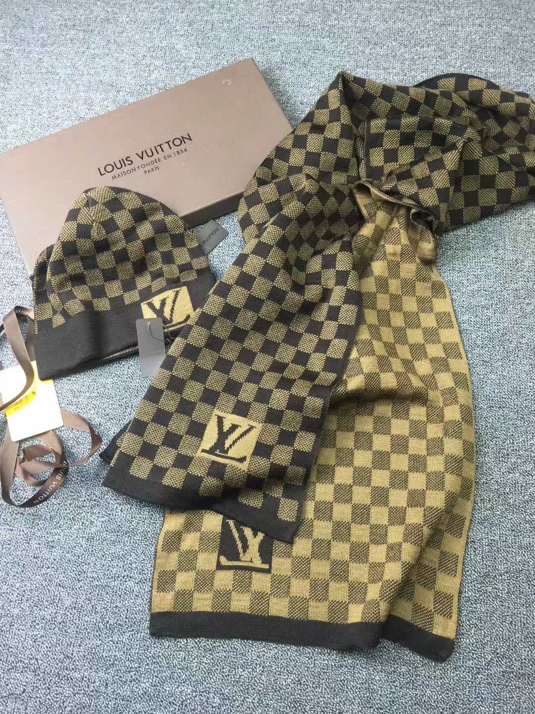 LV原單棕色棋盤格針織帽圍巾組合|超A仿原單精品圖片 9 LV原單棕色棋盤格針織帽圍巾組合|歐美奢侈品精品推薦