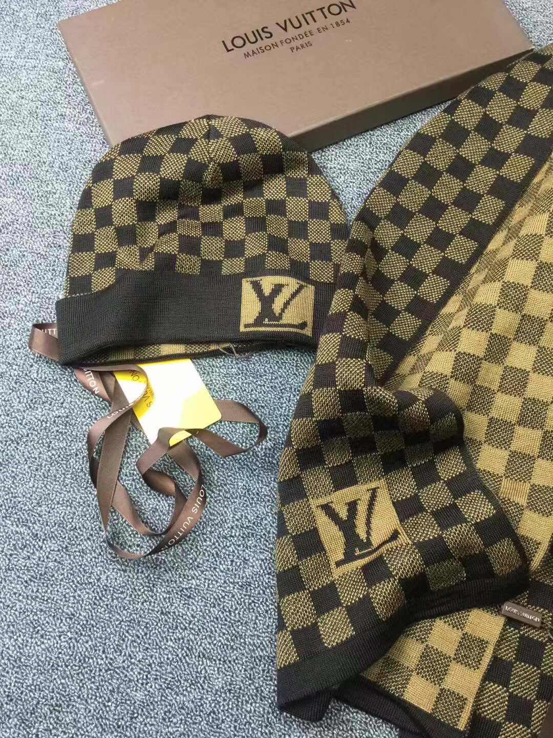 LV原單棕色棋盤格針織帽圍巾組合|超A仿原單精品圖片 8 LV原單棕色棋盤格針織帽圍巾組合|歐美奢侈品精品推薦