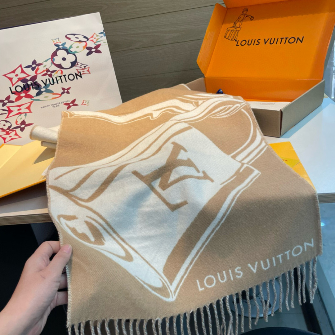 LV一比一米白拼焦糖流蘇圍巾柔和質感款｜歐美奢侈品精品推薦