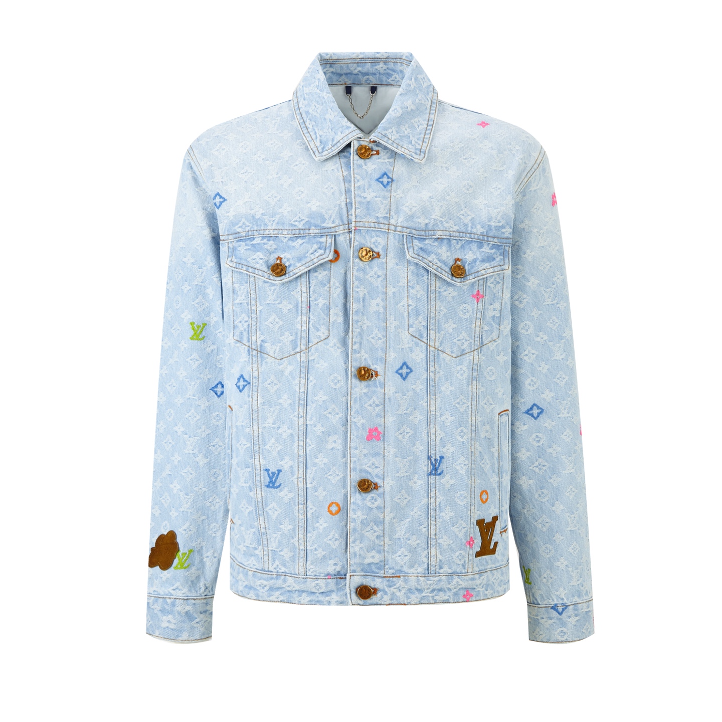 LV精品仿製淺藍色丹寧外套 多彩Monogram老花刺繡設計｜歐美奢侈品精品推薦