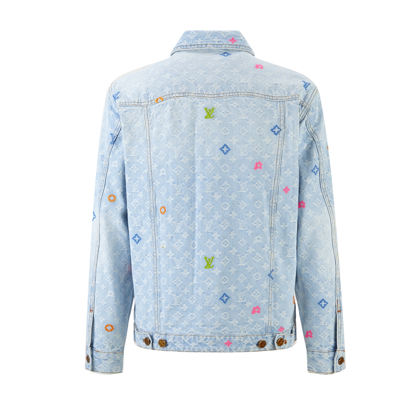 LV精品仿製淺藍色丹寧外套 多彩Monogram老花刺繡設計｜歐美奢侈品精品推薦