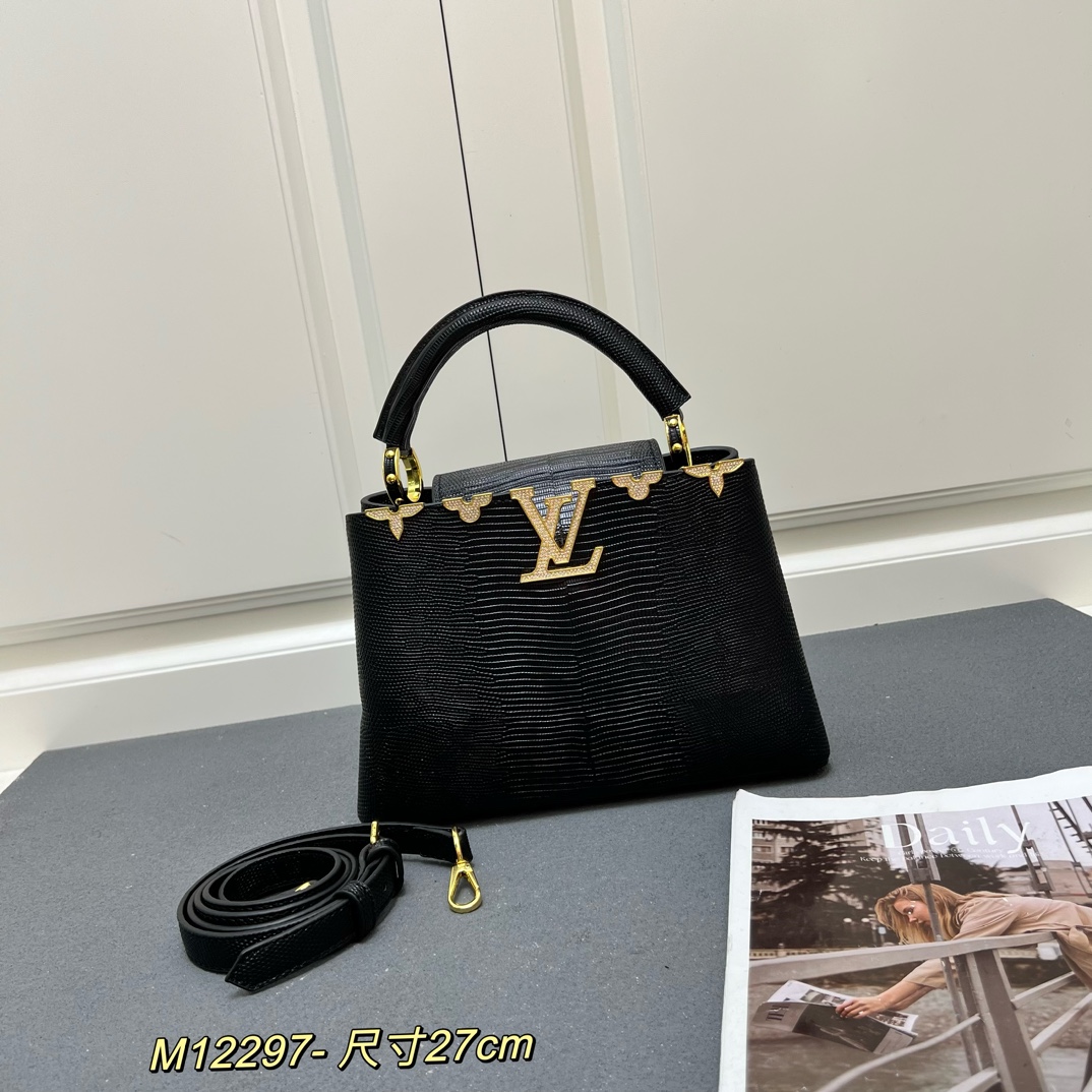 LV 高仿 M12297 黑色壓紋手提包 金扣細節27cm商務百搭款｜歐美奢侈品精品推薦