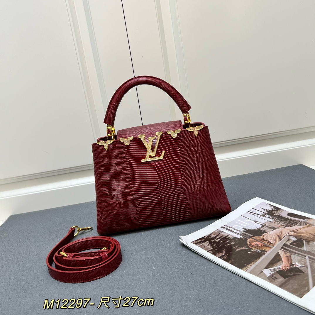 LV 一比一 M12297 酒紅壓紋手提包 金扣細節27cm優雅百搭款｜歐美奢侈品精品推薦
