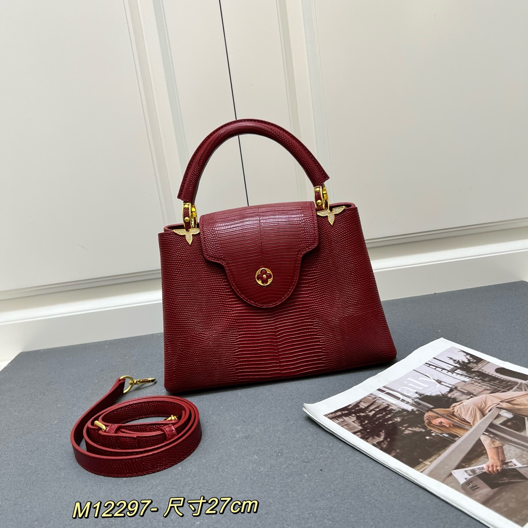 LV 一比一 M12297 酒紅壓紋手提包 金扣細節27cm優雅百搭款｜歐美奢侈品精品推薦