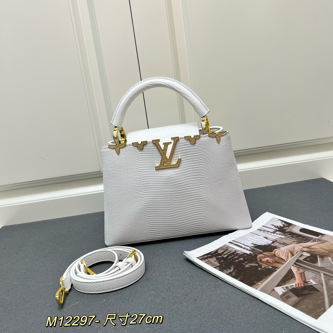 LV 高仿 M12297 白色壓紋手提包 金扣細節27cm氣質優雅款｜歐美奢侈品精品推薦