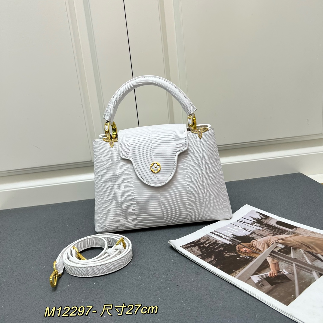 LV 高仿 M12297 白色壓紋手提包 金扣細節27cm氣質優雅款｜歐美奢侈品精品推薦