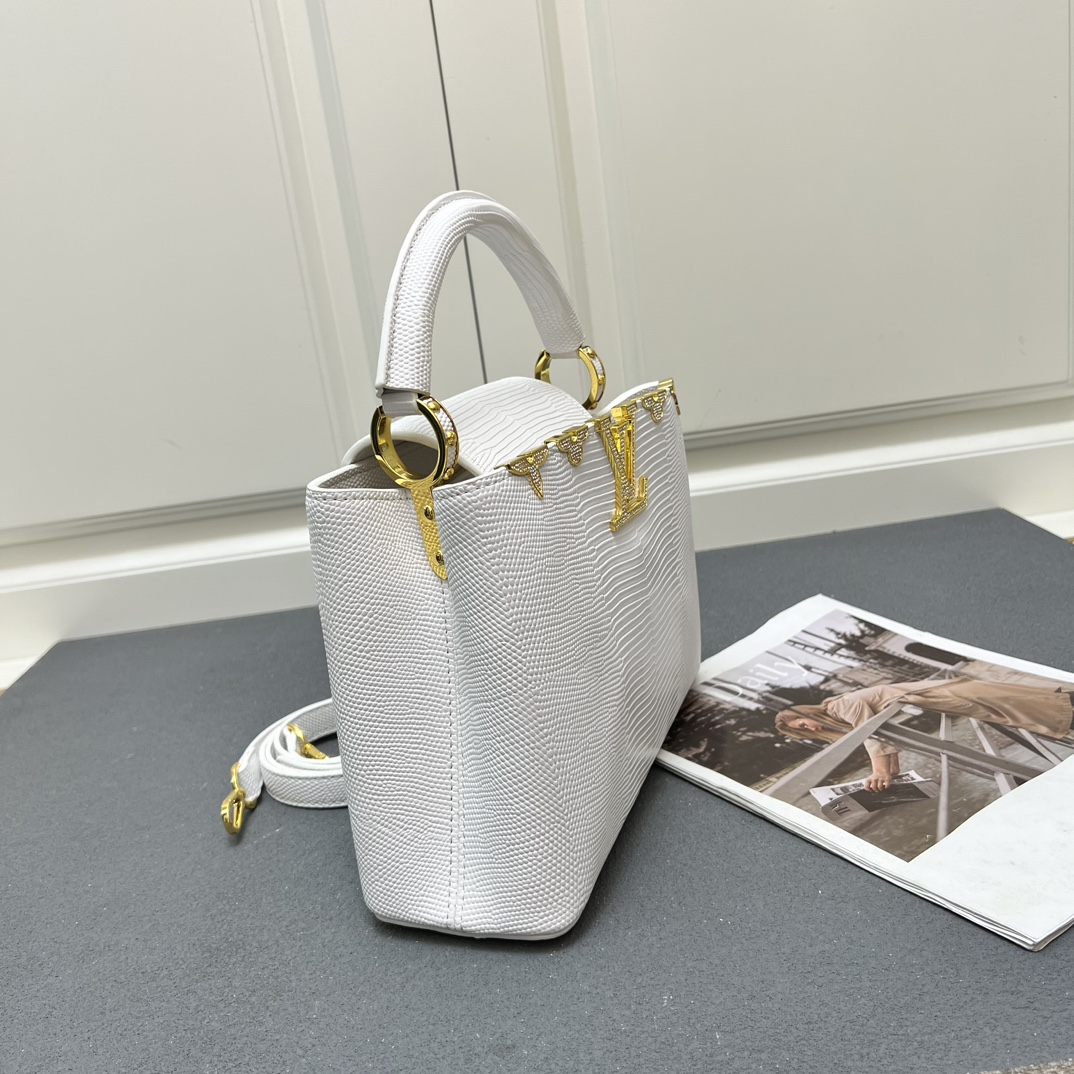 LV 高仿 M12297 白色壓紋手提包 金扣細節27cm氣質優雅款｜歐美奢侈品精品推薦