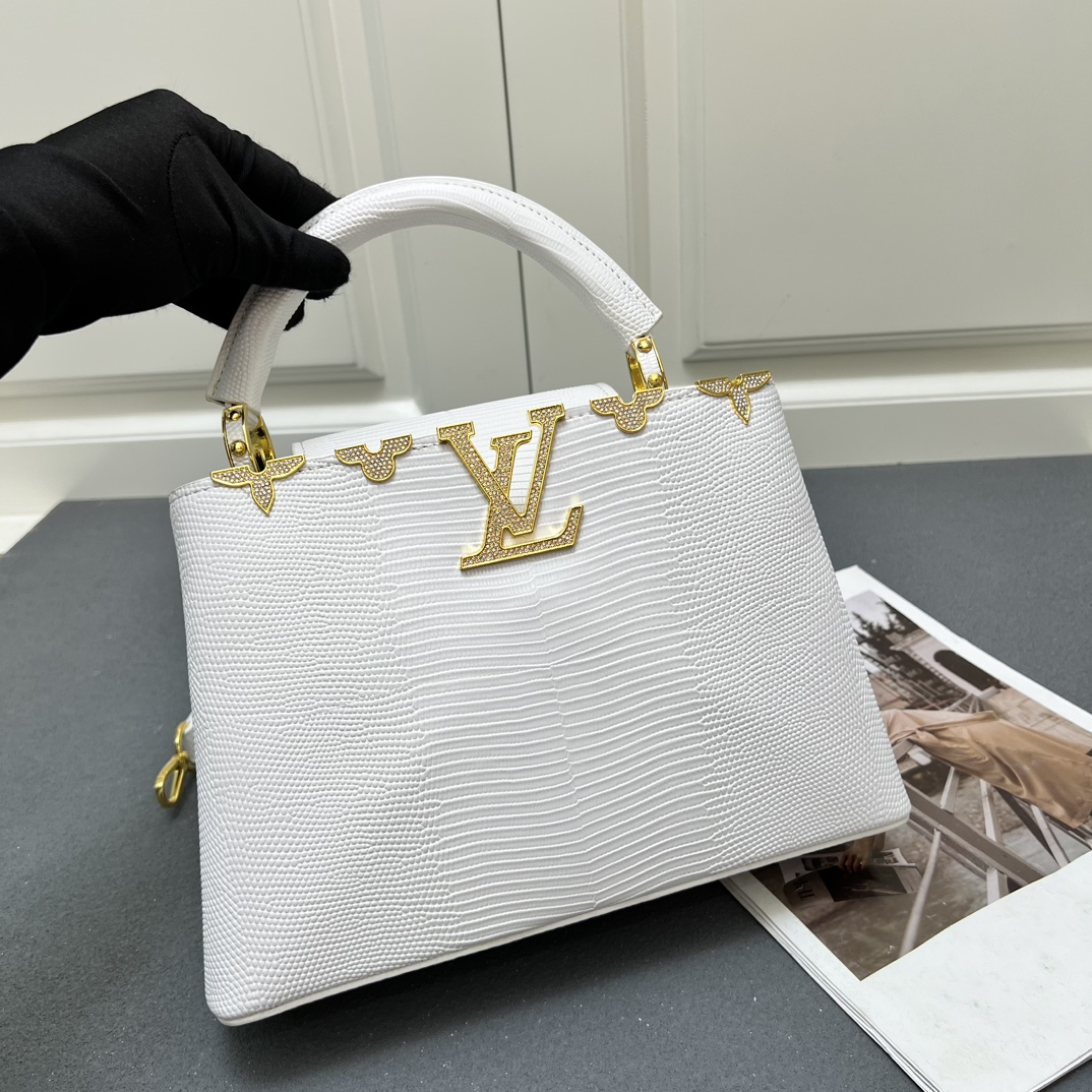 LV 高仿 M12297 白色壓紋手提包 金扣細節27cm氣質優雅款｜歐美奢侈品精品推薦