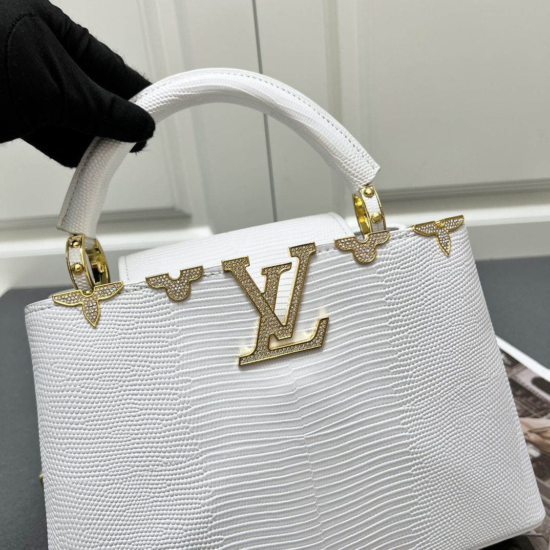 LV 高仿 M12297 白色壓紋手提包 金扣細節27cm氣質優雅款｜歐美奢侈品精品推薦
