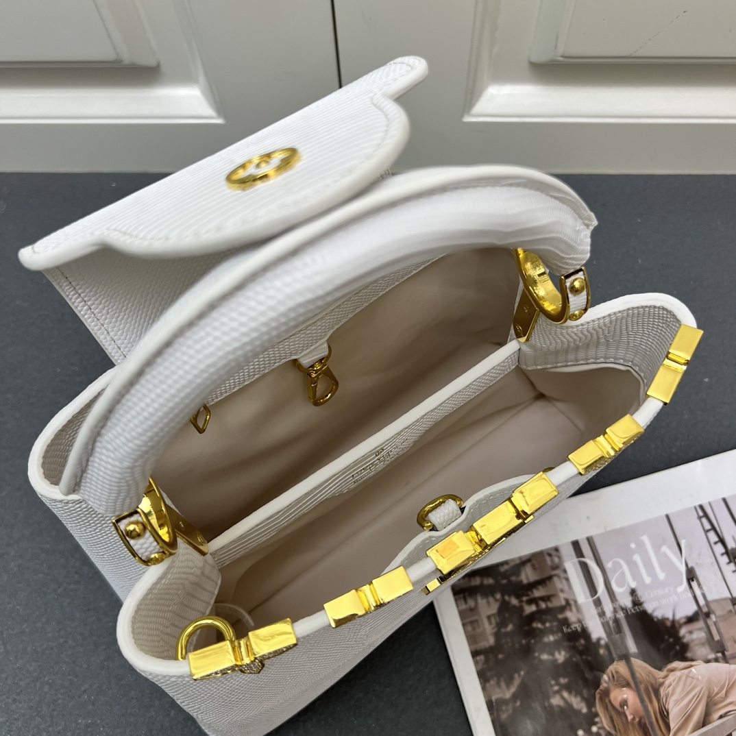 LV 高仿 M12297 白色壓紋手提包 金扣細節27cm氣質優雅款｜歐美奢侈品精品推薦