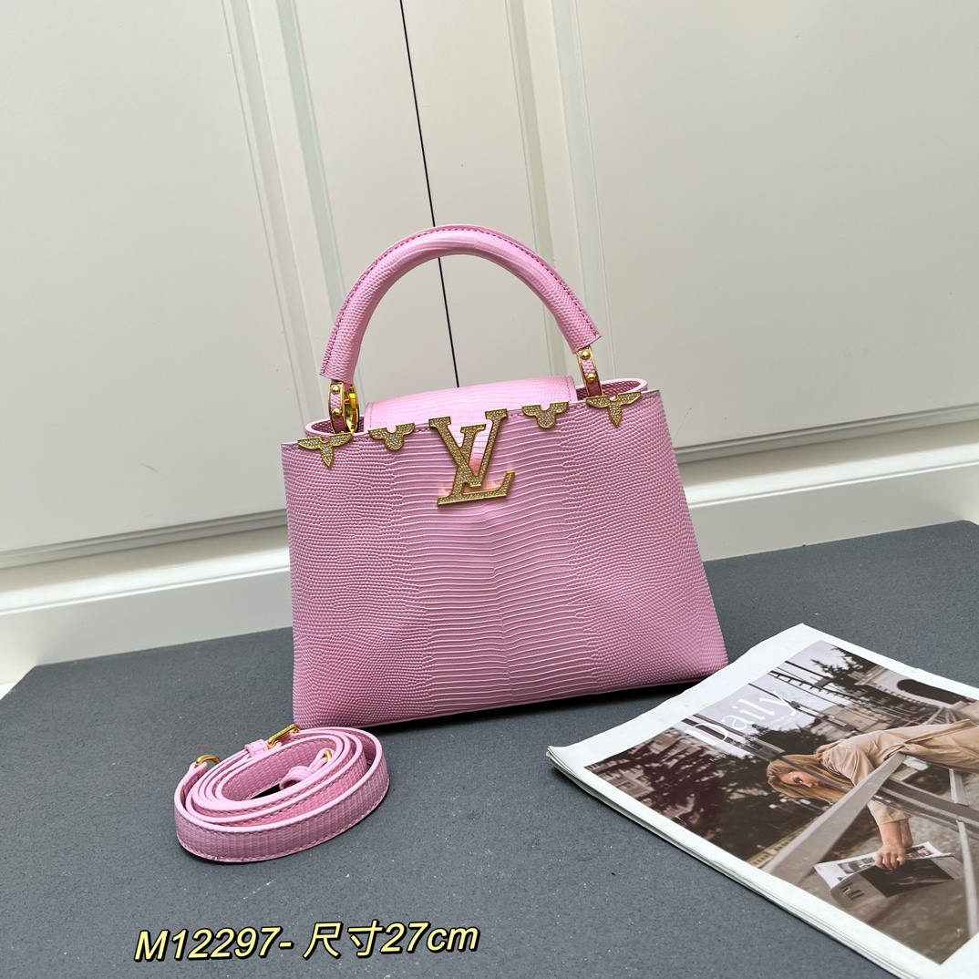 LV 一比一 M12297 粉色壓紋手提包 金扣27cm甜美優雅款｜歐美奢侈品精品推薦