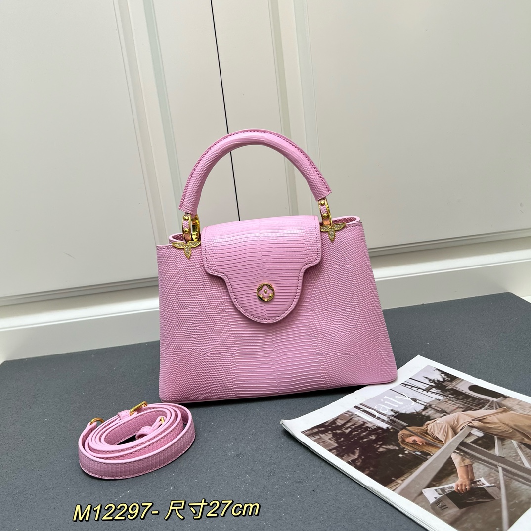 LV 一比一 M12297 粉色壓紋手提包 金扣27cm甜美優雅款｜歐美奢侈品精品推薦