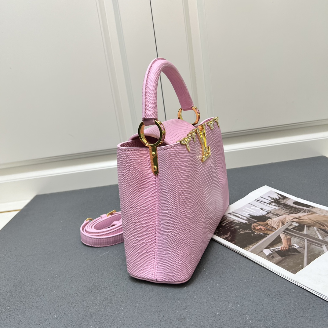 LV 一比一 M12297 粉色壓紋手提包 金扣27cm甜美優雅款｜歐美奢侈品精品推薦
