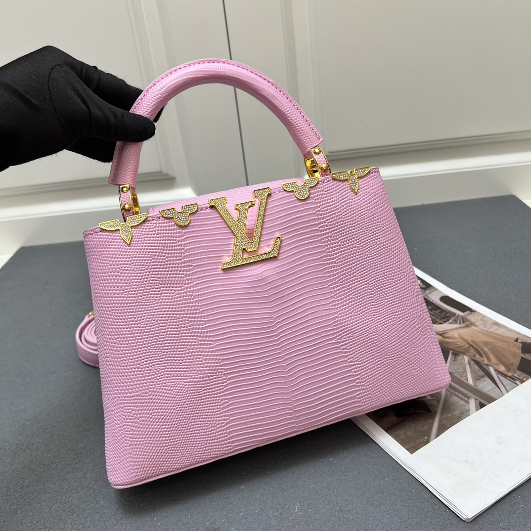 LV 一比一 M12297 粉色壓紋手提包 金扣27cm甜美優雅款｜歐美奢侈品精品推薦
