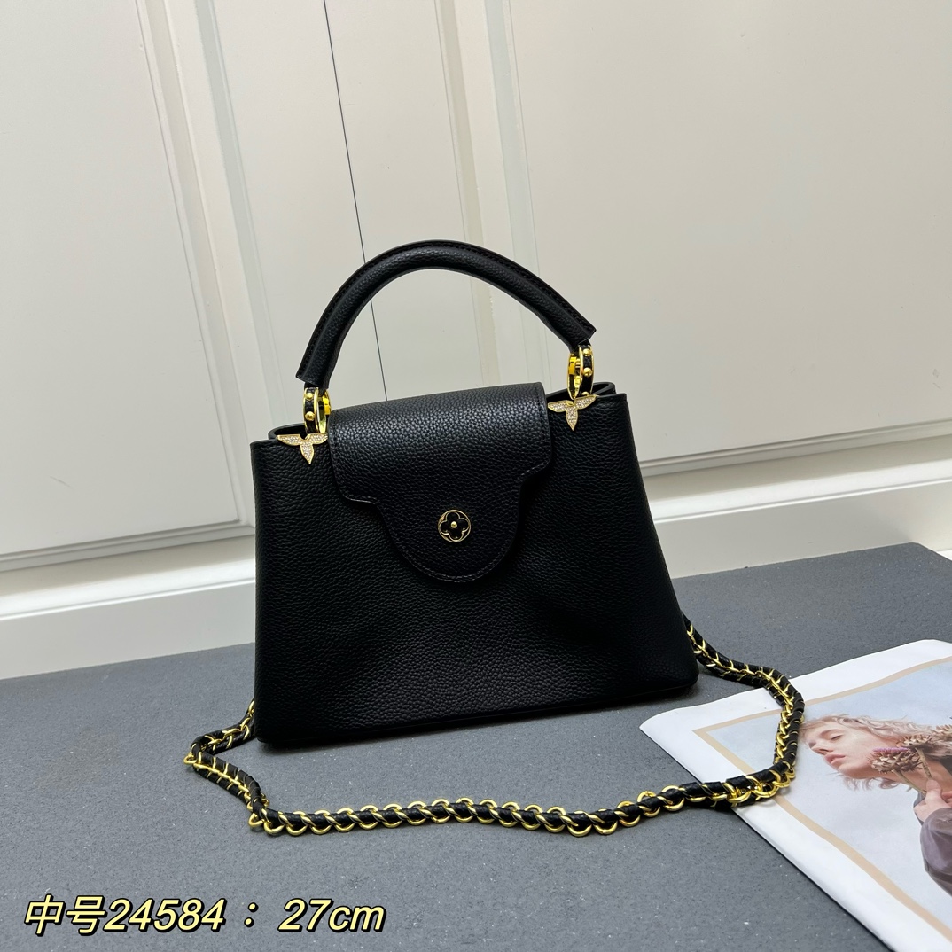 LV 高仿 24584 中號黑色鏈條手提包 27cm簡約百搭女款｜歐美奢侈品精品推薦