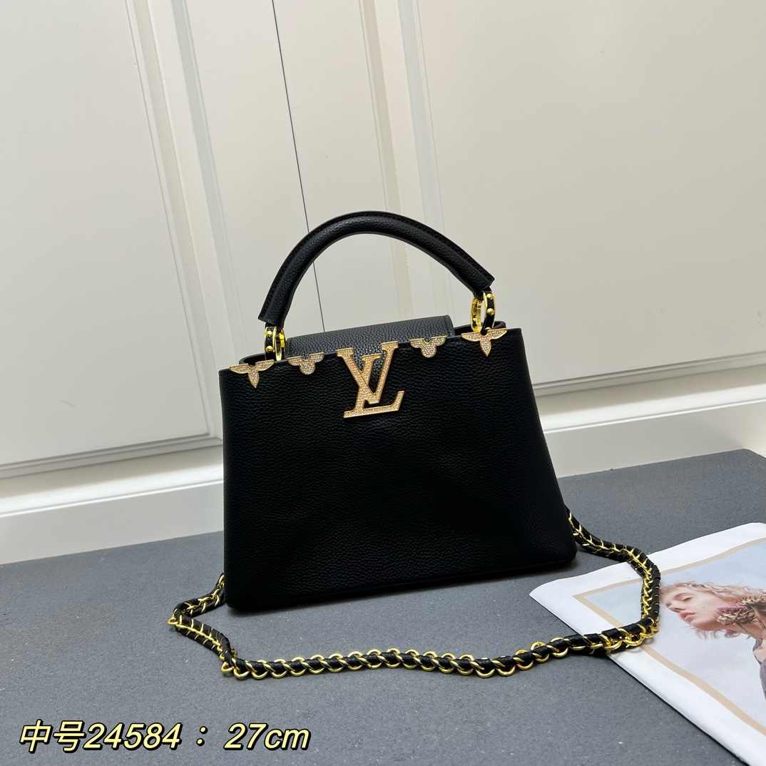 LV 高仿 24584 中號黑色鏈條手提包 27cm簡約百搭女款｜歐美奢侈品精品推薦