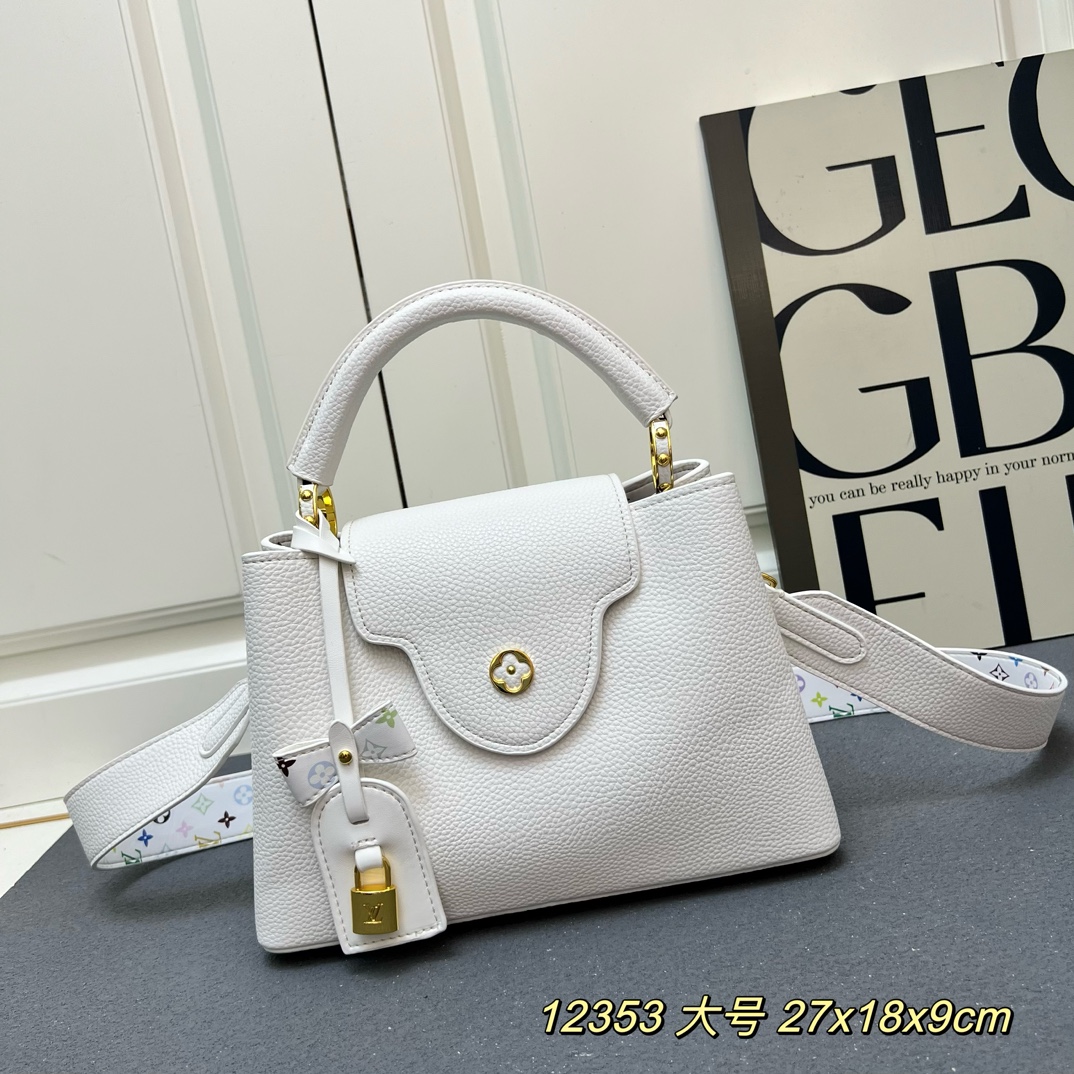 LV A貨 12353 大號白色鎖扣翻蓋手提包 27x18x9cm寬肩帶女包