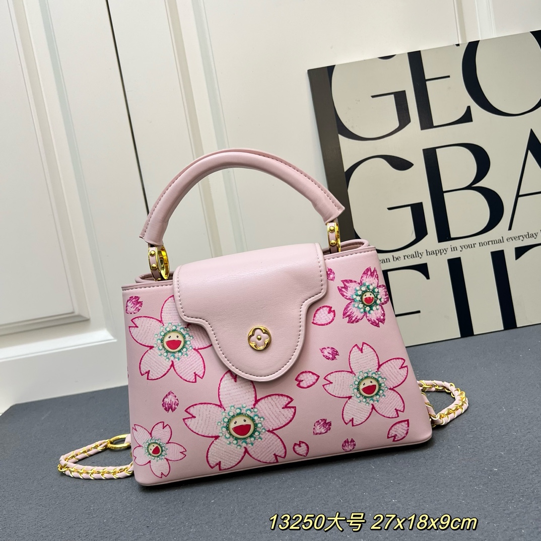 LV一比一 13250 大號粉色櫻花圖案手提包 27x18x9cm鏈條肩背包