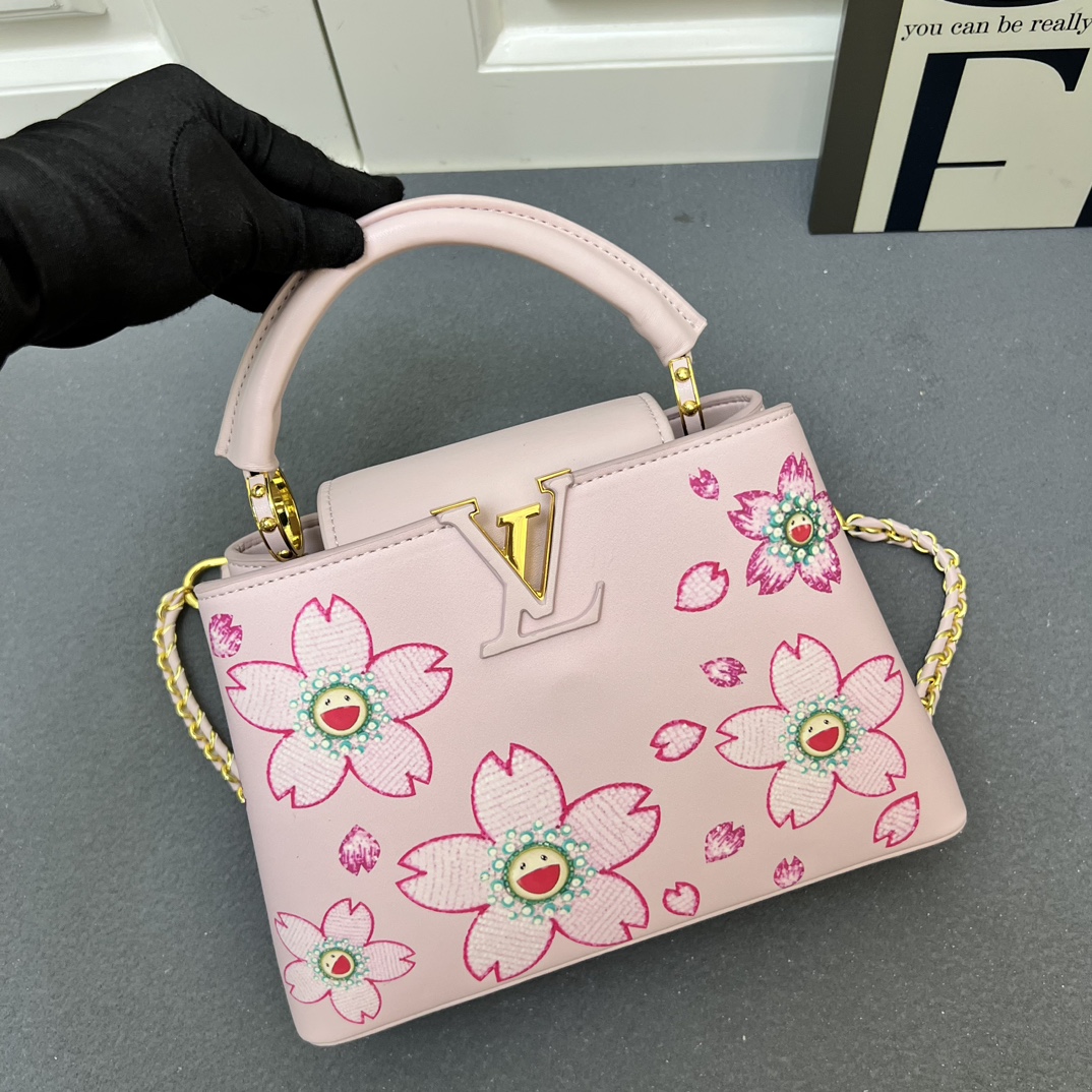 LV一比一 13250 大號粉色櫻花圖案手提包 27x18x9cm鏈條肩背包｜歐美奢侈品精品推薦
