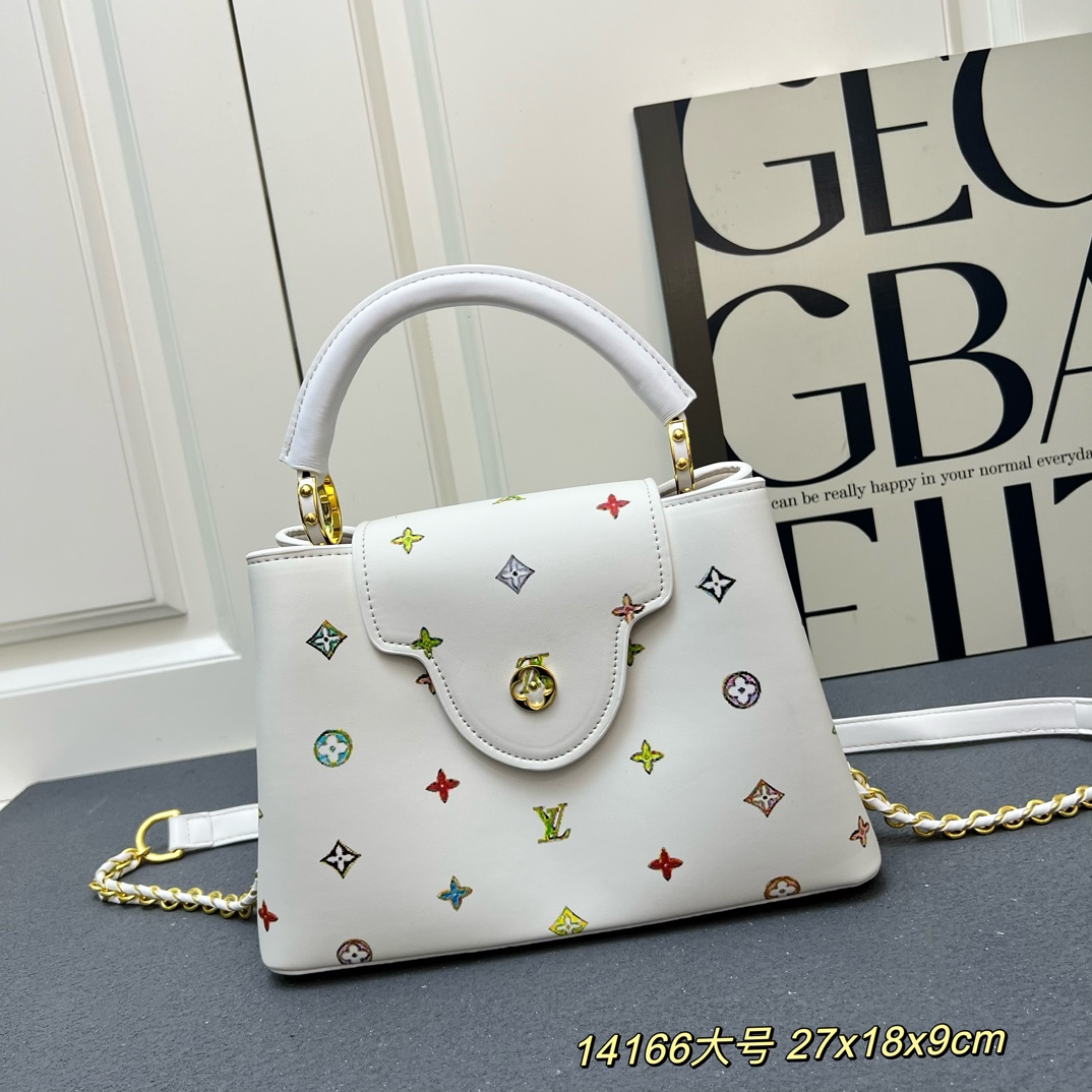 LV A貨 14166 大號白色彩標手提包 27x18x9cm鏈條肩背包