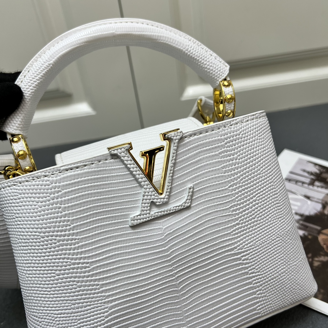 LV高仿Capucines Mini白色蜥蜴紋皮革手提包金屬V字鎖扣優雅斜挎包｜歐美奢侈品精品推薦